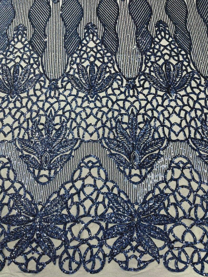 NAVY - Luxury Fashion Design with Sequins Embroider on a 4 Way Stretch Mesh Fabric-Sold by The Yard.