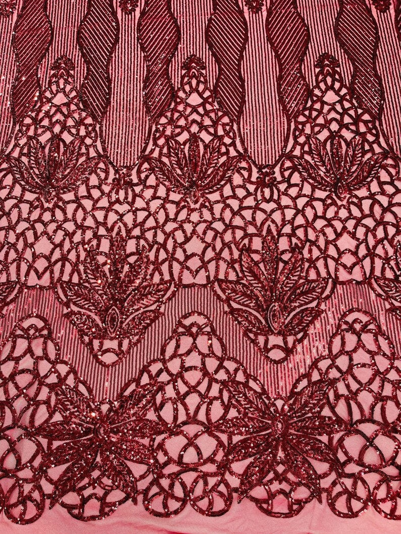 BURGUNDY - Luxury Fashion Design with Sequins Embroider on a 4 Way Stretch Mesh Fabric-Sold by The Yard.