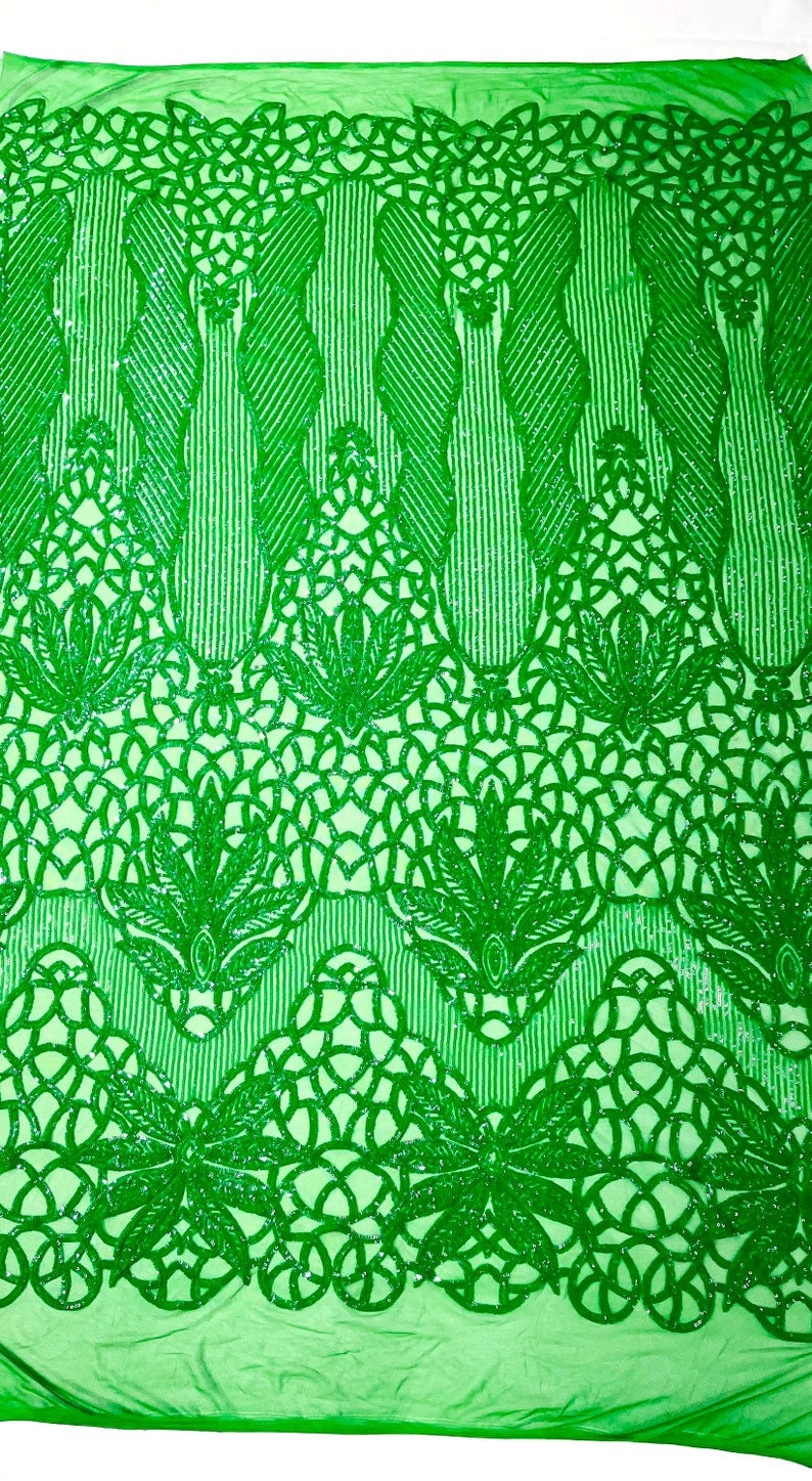 GREEN - Luxury Fashion Design with Sequins Embroider on a 4 Way Stretch Mesh Fabric-Sold by The Yard.