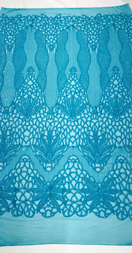 TURQUOISE - Luxury Fashion Design with Sequins Embroider on a 4 Way Stretch Mesh Fabric-Sold by The Yard.