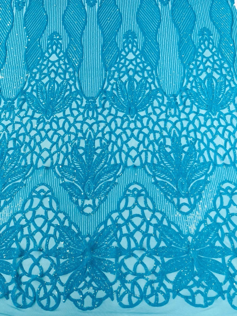 TURQUOISE - Luxury Fashion Design with Sequins Embroider on a 4 Way Stretch Mesh Fabric-Sold by The Yard.