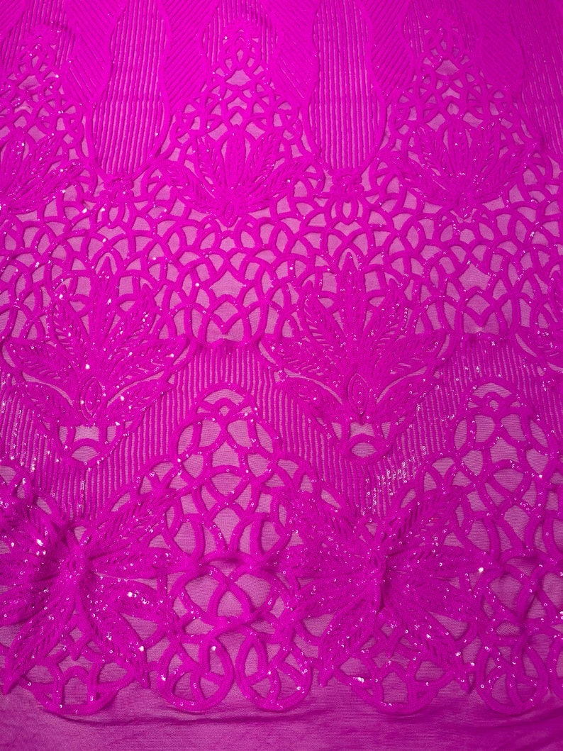 MAGENTA - Luxury Fashion Design with Sequins Embroider on a 4 Way Stretch Mesh Fabric-Sold by The Yard.