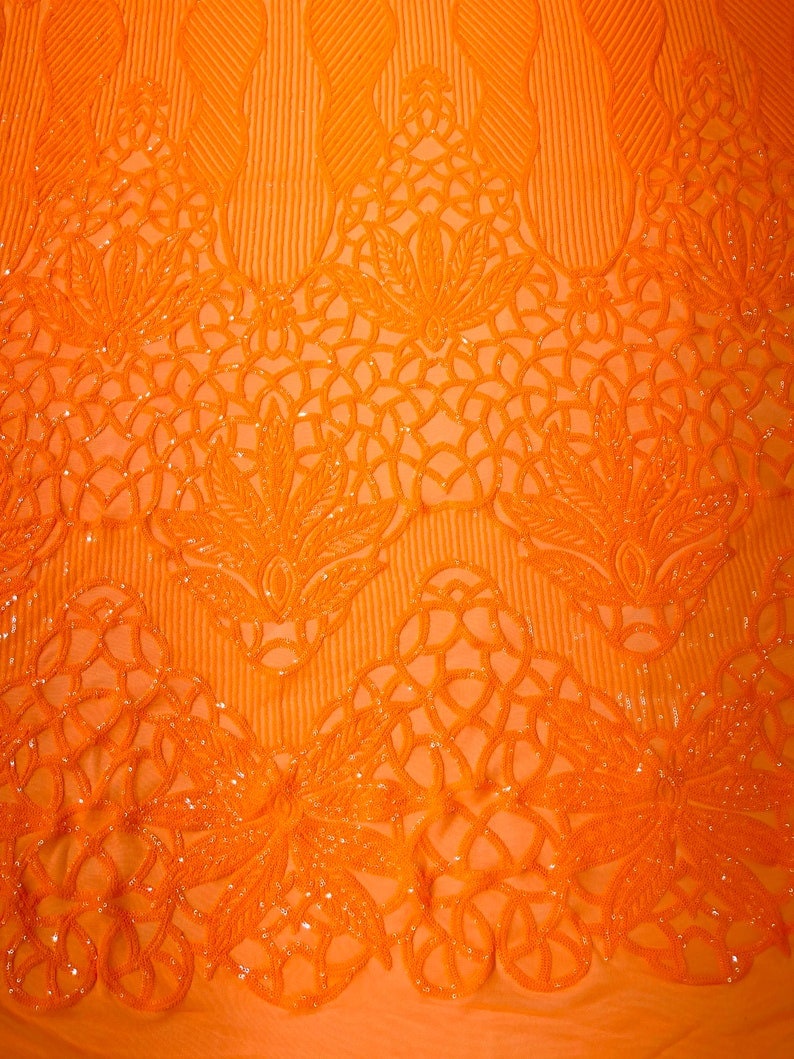 NEON ORANGE - Luxury Fashion Design with Sequins Embroider on a 4 Way Stretch Mesh Fabric-Sold by The Yard.