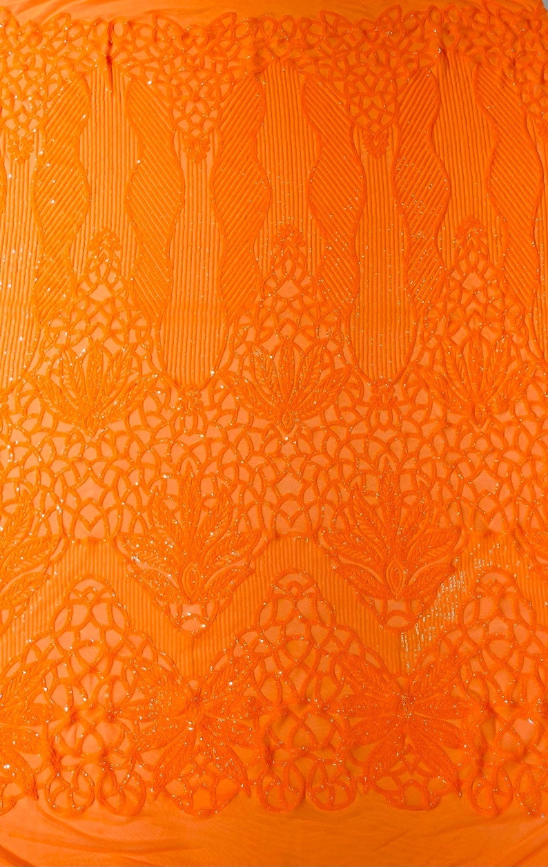 NEON ORANGE - Luxury Fashion Design with Sequins Embroider on a 4 Way Stretch Mesh Fabric-Sold by The Yard.