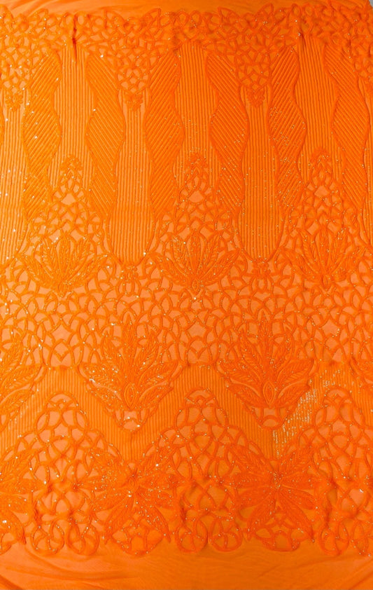 NEON ORANGE - Luxury Fashion Design with Sequins Embroider on a 4 Way Stretch Mesh Fabric-Sold by The Yard.