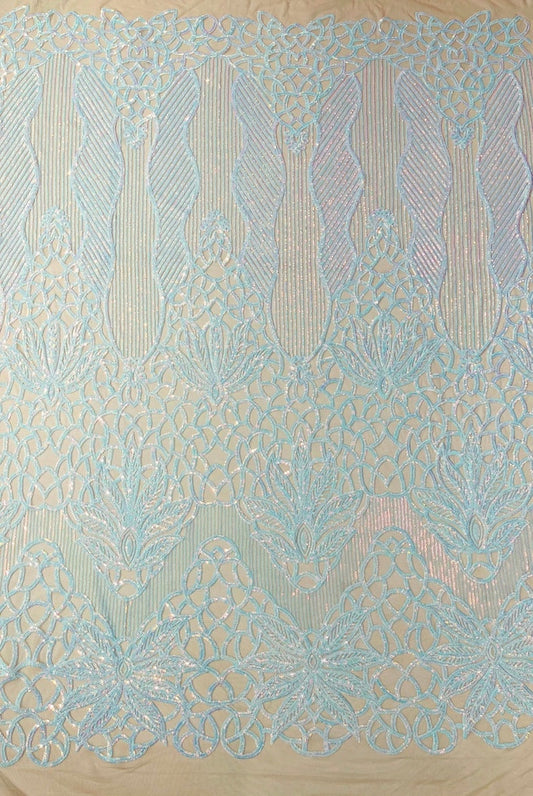 AQUA - Iridescent Fashion Design with Sequins Embroider on a 4 Way Stretch Mesh Fabric-Sold by The Yard.