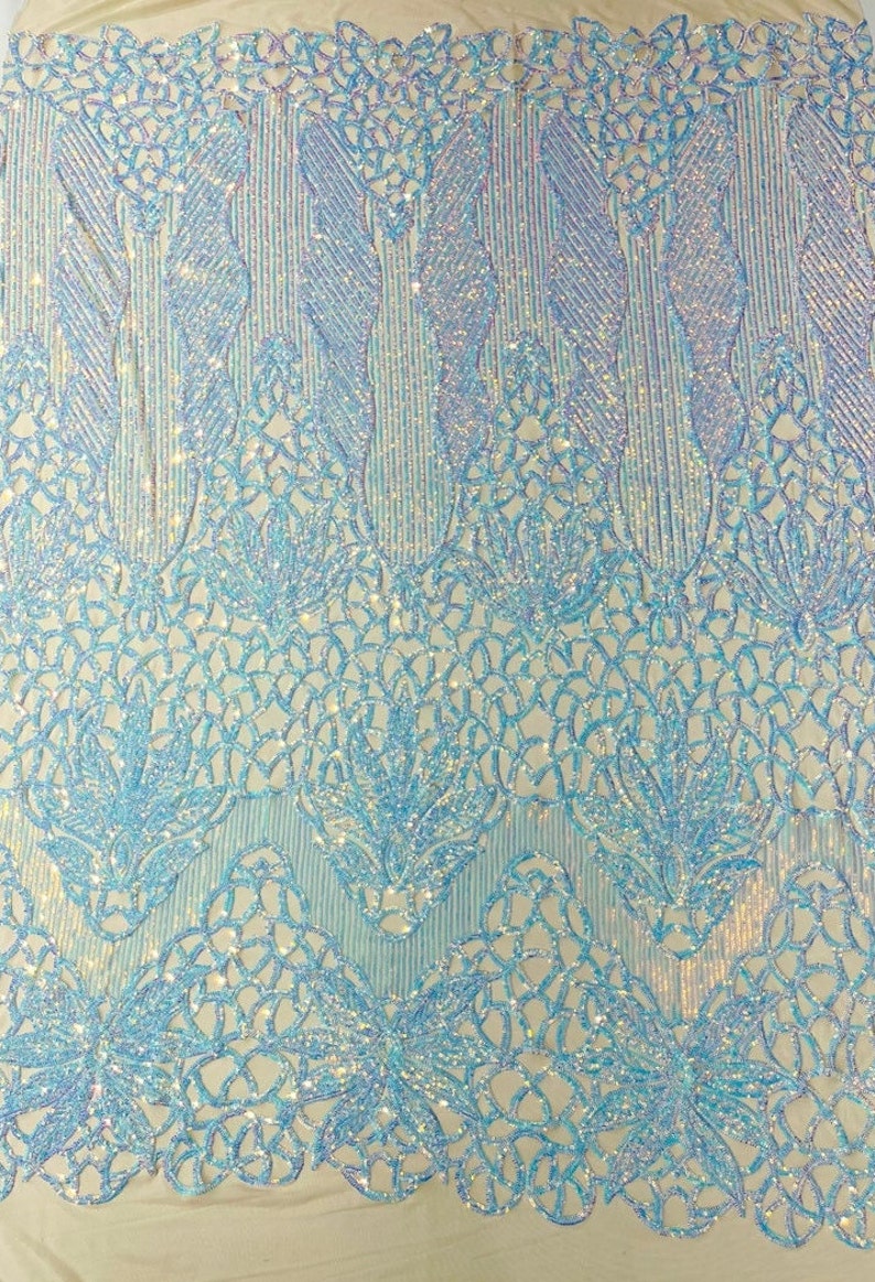 AQUA CLEAR - Iridescent Fashion Design with Sequins Embroider on a 4 Way Stretch Mesh Fabric-Sold by The Yard.