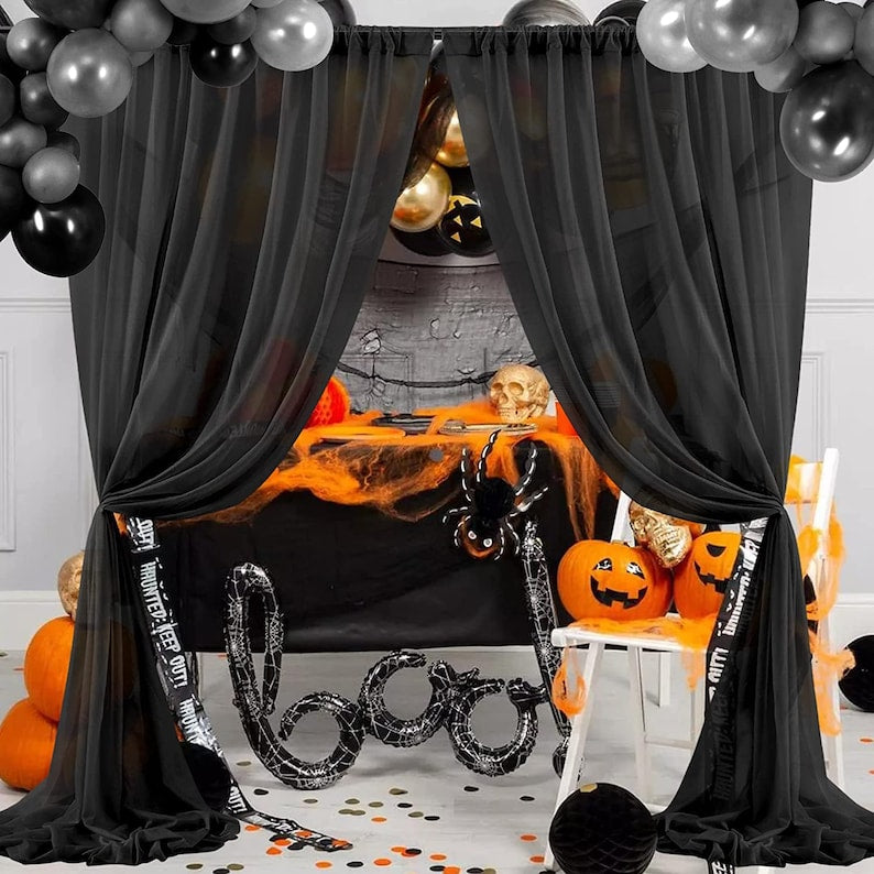 Backdrop Chiffon Curtains - BLACK - 2 Panel Chiffon Backdrop Curtain Sheer Curtains Wedding Arch Draping Fabric for Party