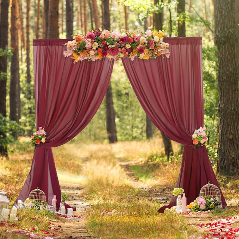 Backdrop Chiffon Curtains - BURGUNDY - 2 Panel Chiffon Backdrop Curtain Sheer Curtains Wedding Arch Draping Fabric for Party