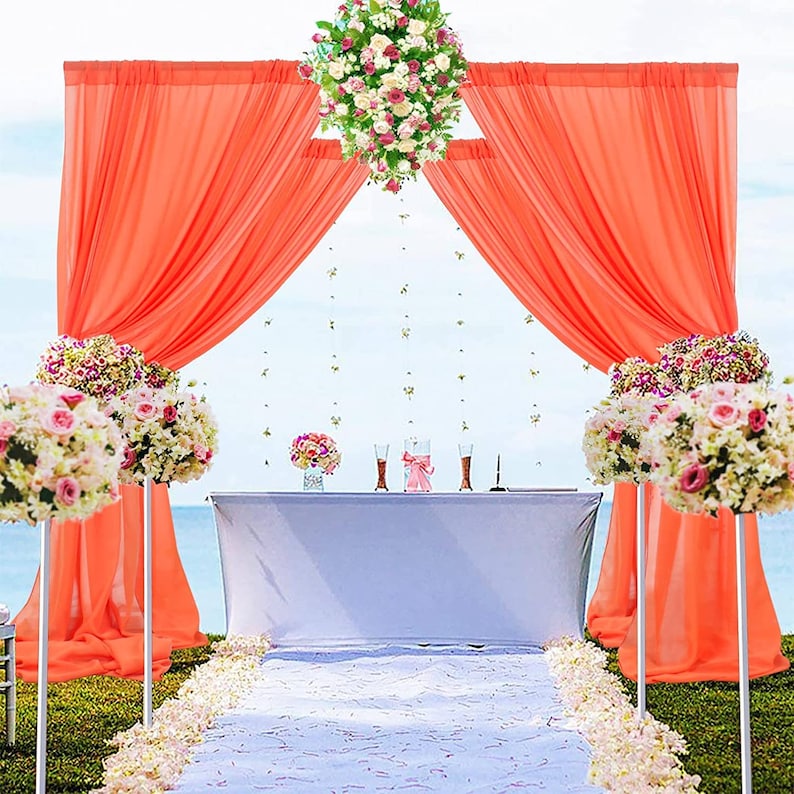 Backdrop Chiffon Curtains - ORANGE - 2 Panel Chiffon Backdrop Curtain Sheer Curtains Wedding Arch Draping Fabric for Party