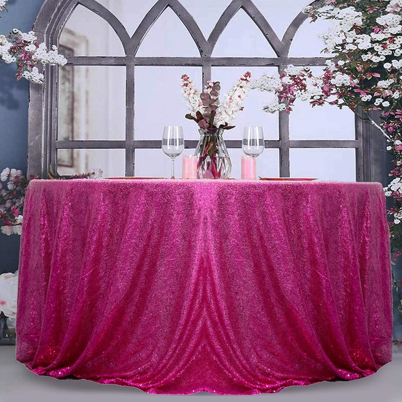 FUCHSIA - Sequin Tablecloth Round Glitter Round Table Cover Metallic Sequence Table Cloth for Birthday Party Baby Shower Wedding