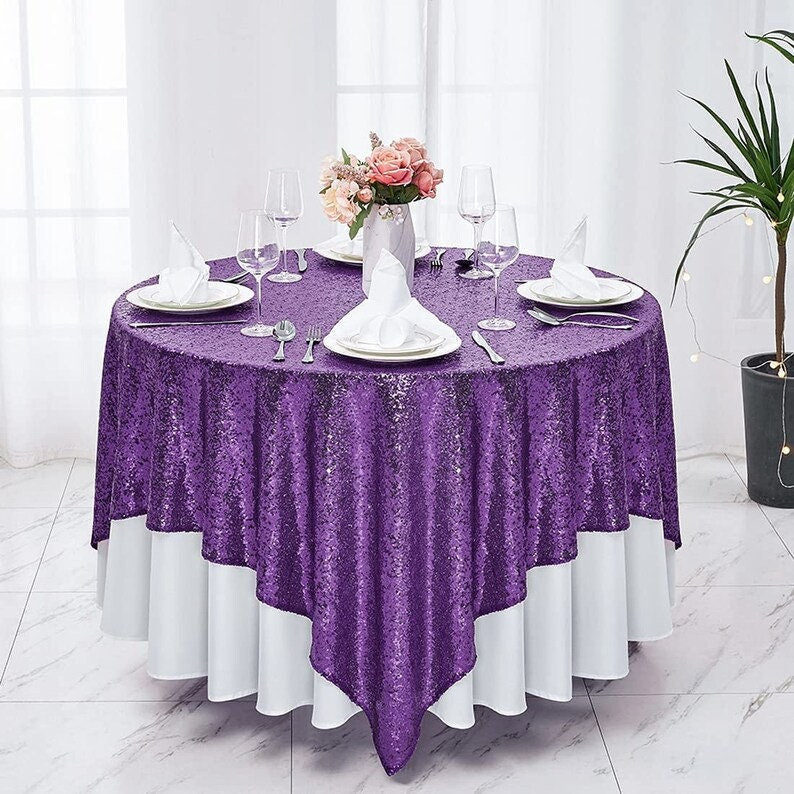 Square Overlay Sequin Tablecloth - PURPLE - Glitter Tablecloth for Bridal Shower Decorations, Birthday, Wedding, Dessert, Banquet