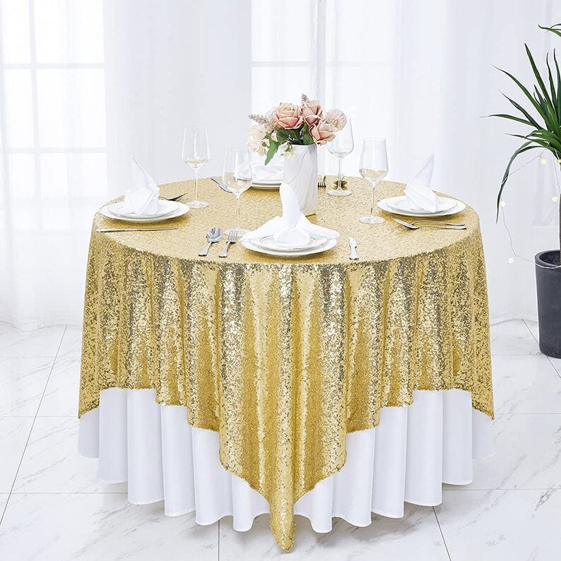 Square Overlay Sequin Tablecloth - GOLD - Glitter Tablecloth for Bridal Shower Decorations, Birthday, Wedding, Dessert, Banquet