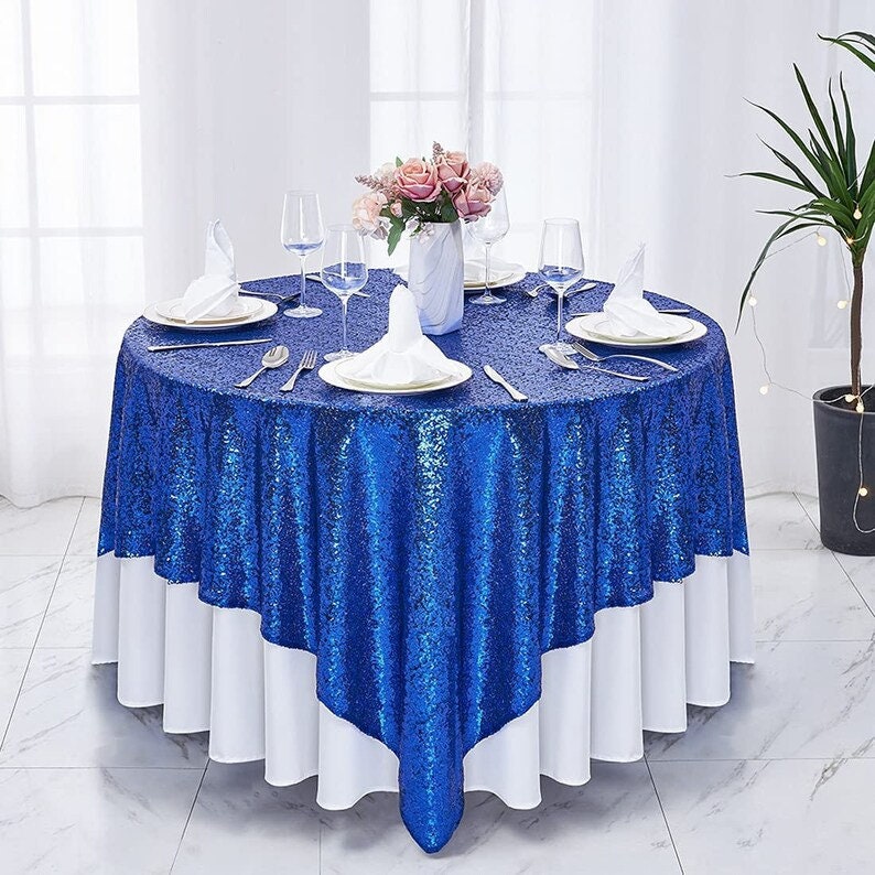 Square Overlay Sequin Tablecloth - ROYAL - Glitter Tablecloth for Bridal Shower Decorations, Birthday, Wedding, Dessert, Banquet