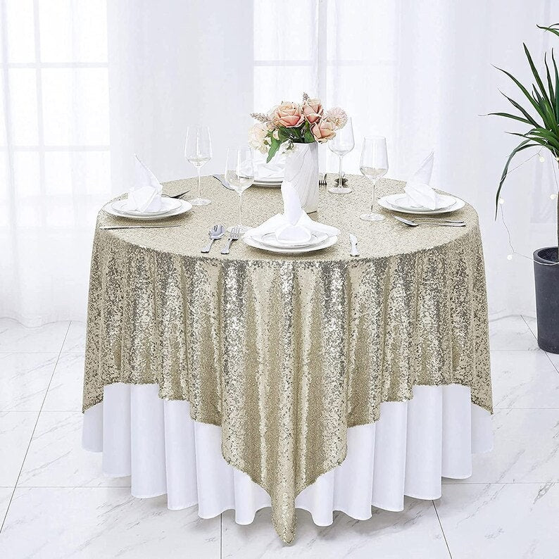 Square Overlay Sequin Tablecloth - CHAMPAGNE - Glitter Tablecloth for Bridal Shower Decorations, Birthday, Wedding, Dessert, Banquet