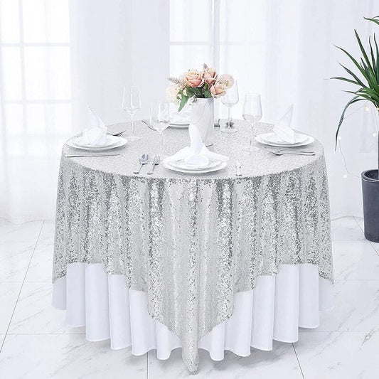 Square Overlay Sequin Tablecloth - SILVER - Glitter Tablecloth for Bridal Shower Decorations, Birthday, Wedding, Dessert, Banquet