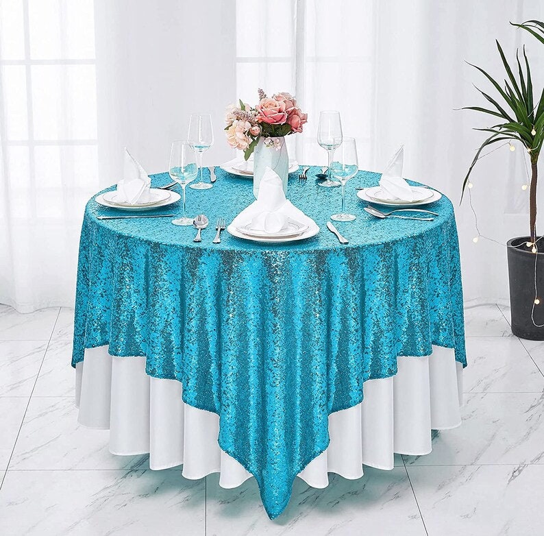 Square Overlay Sequin Tablecloth - TURQUOISE - Glitter Tablecloth for Bridal Shower Decorations, Birthday, Wedding, Dessert, Banquet