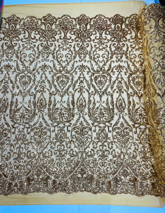 POSEIDON - Designs Fashion Design with Sequins Embroider on a 4 Way Stretch Mesh Fabric-Sold by The Yard. GOLD