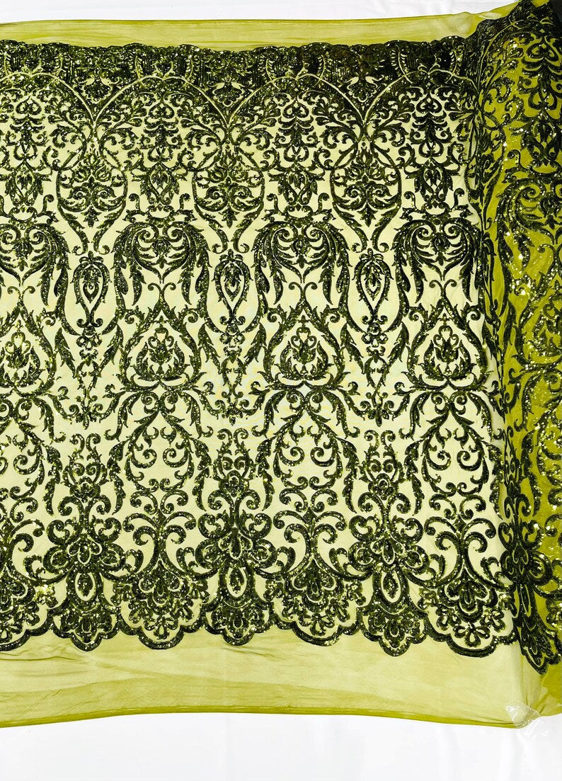 POSEIDON - Designs Fashion Design with Sequins Embroider on a 4 Way Stretch Mesh Fabric-Sold by The Yard. OLIVE