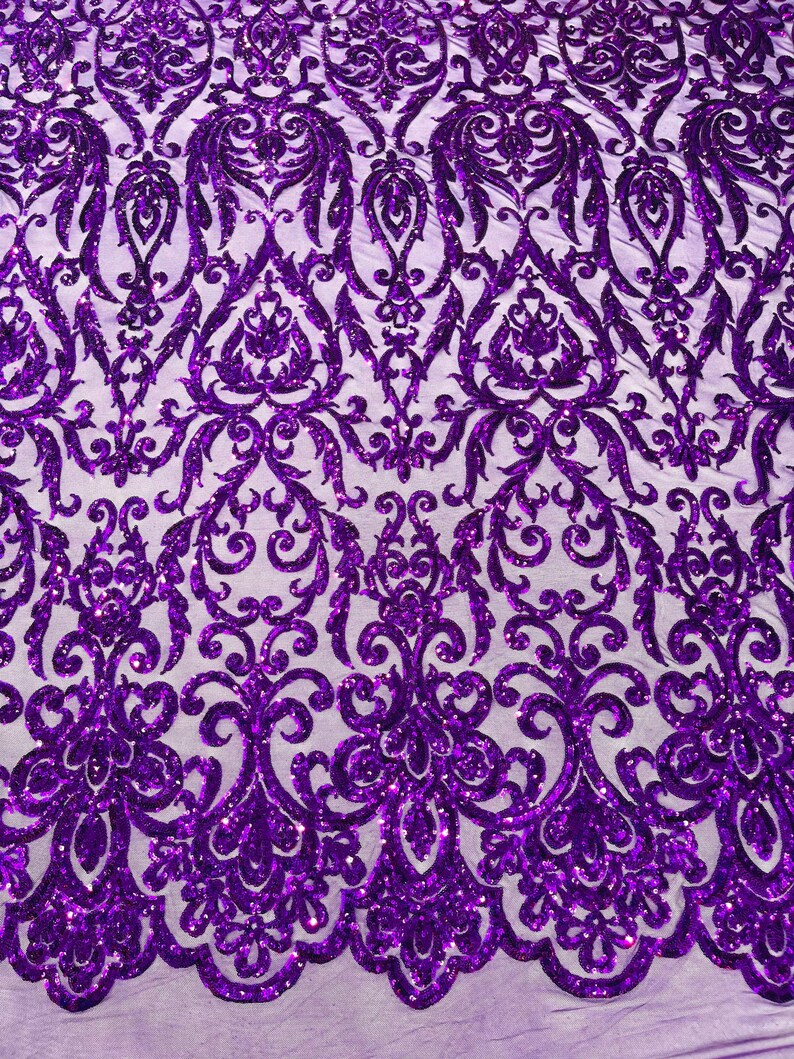 POSEIDON - Designs Fashion Design with Sequins Embroider on a 4 Way Stretch Mesh Fabric-Sold by The Yard. PURPLE