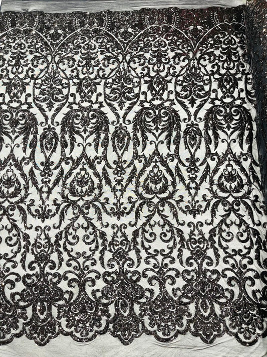 POSEIDON - Designs Fashion Design with Sequins Embroider on a 4 Way Stretch Mesh Fabric-Sold by The Yard. BLACK