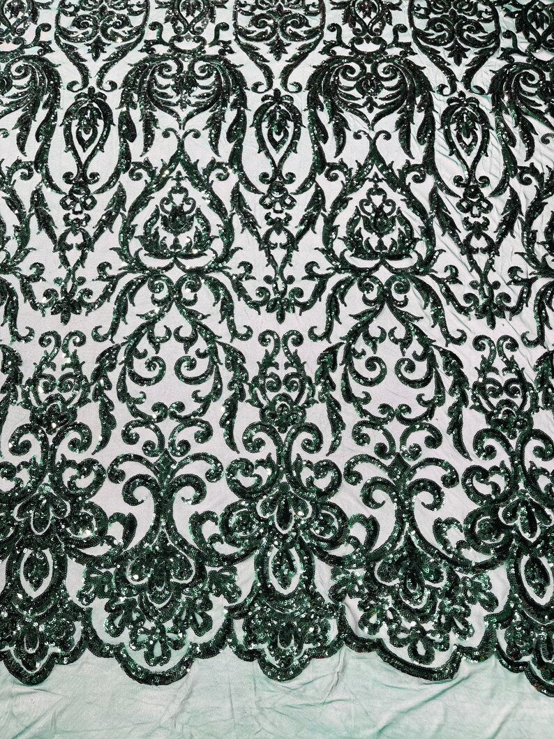 POSEIDON - Designs Fashion Design with Sequins Embroider on a 4 Way Stretch Mesh Fabric-Sold by The Yard. HUNTER