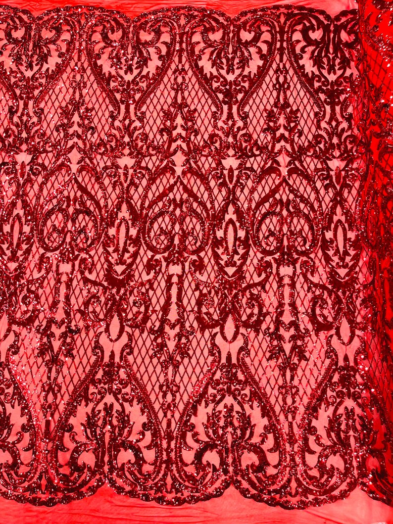 High Designs Fashion Design with Sequins Embroider on a 4 Way Stretch Mesh Fabric-Sold by The Yard. Red