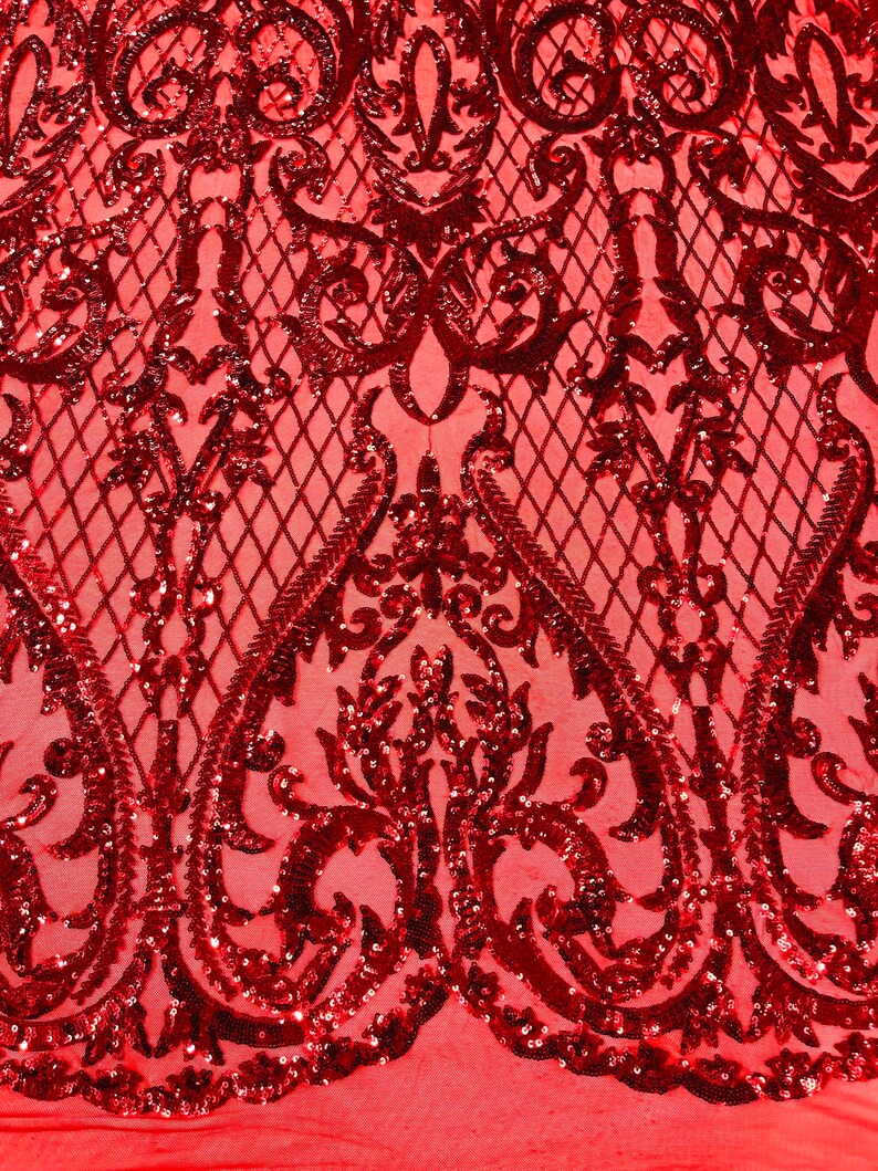 High Designs Fashion Design with Sequins Embroider on a 4 Way Stretch Mesh Fabric-Sold by The Yard. Red