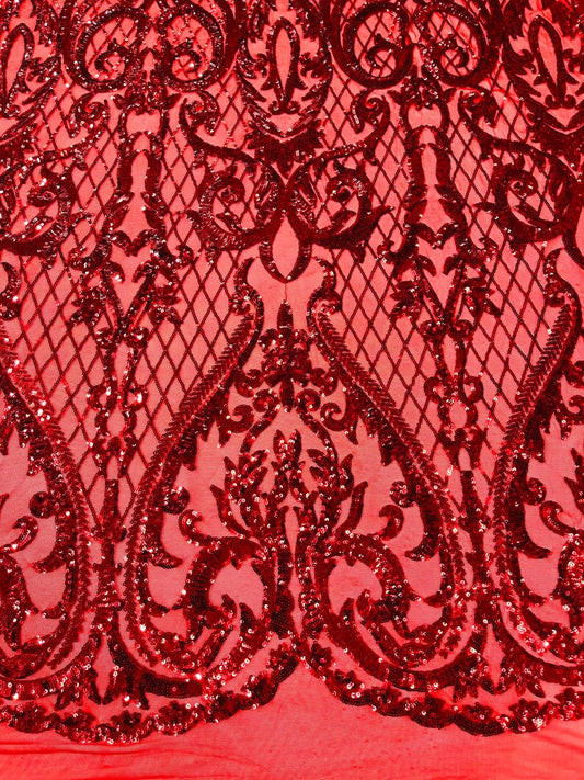 High Designs Fashion Design with Sequins Embroider on a 4 Way Stretch Mesh Fabric-Sold by The Yard. Red