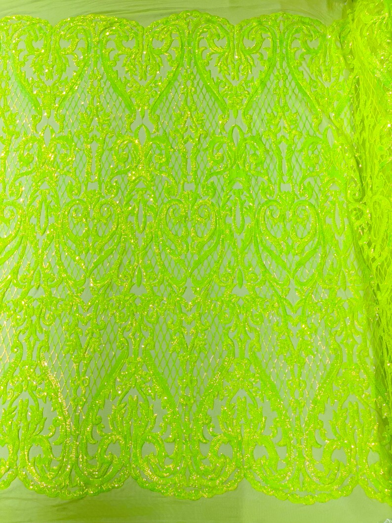 High Designs Fashion Design with Sequins Embroider on a 4 Way Stretch Mesh Fabric-Sold by The Yard. Neon Green