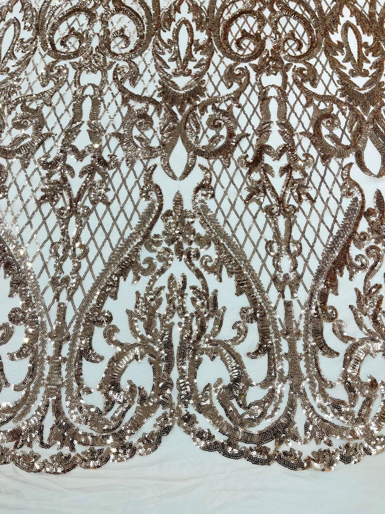 High Designs Fashion Design with Sequins Embroider on a 4 Way Stretch Mesh Fabric-Sold by The Yard. Champagne