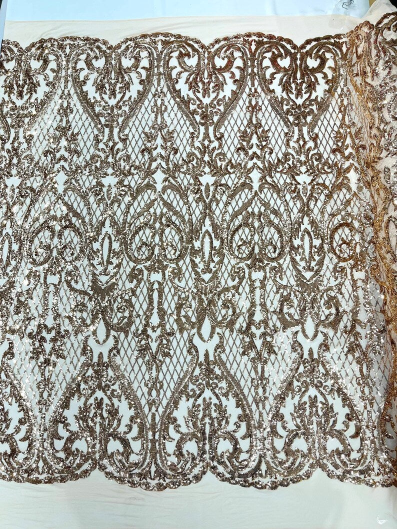 High Designs Fashion Design with Sequins Embroider on a 4 Way Stretch Mesh Fabric-Sold by The Yard. Champagne