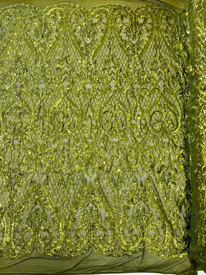 High Designs Fashion Design with Sequins Embroider on a 4 Way Stretch Mesh Fabric-Sold by The Yard. Olive