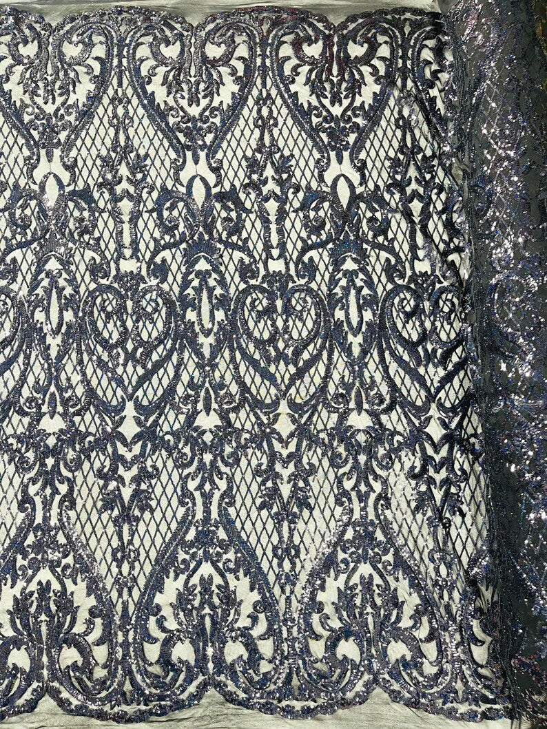 High Designs Fashion Design with Sequins Embroider on a 4 Way Stretch Mesh Fabric-Sold by The Yard. Black Hologram