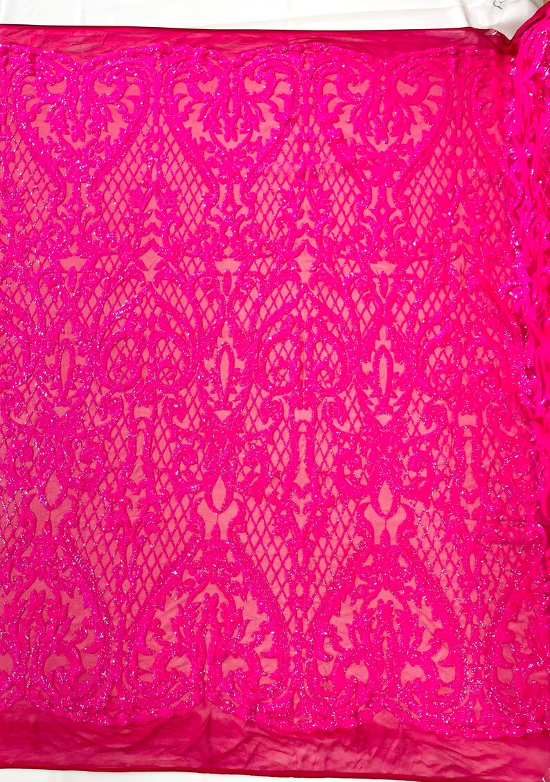 High Designs Fashion Design with Sequins Embroider on a 4 Way Stretch Mesh Fabric-Sold by The Yard. Hot Pink