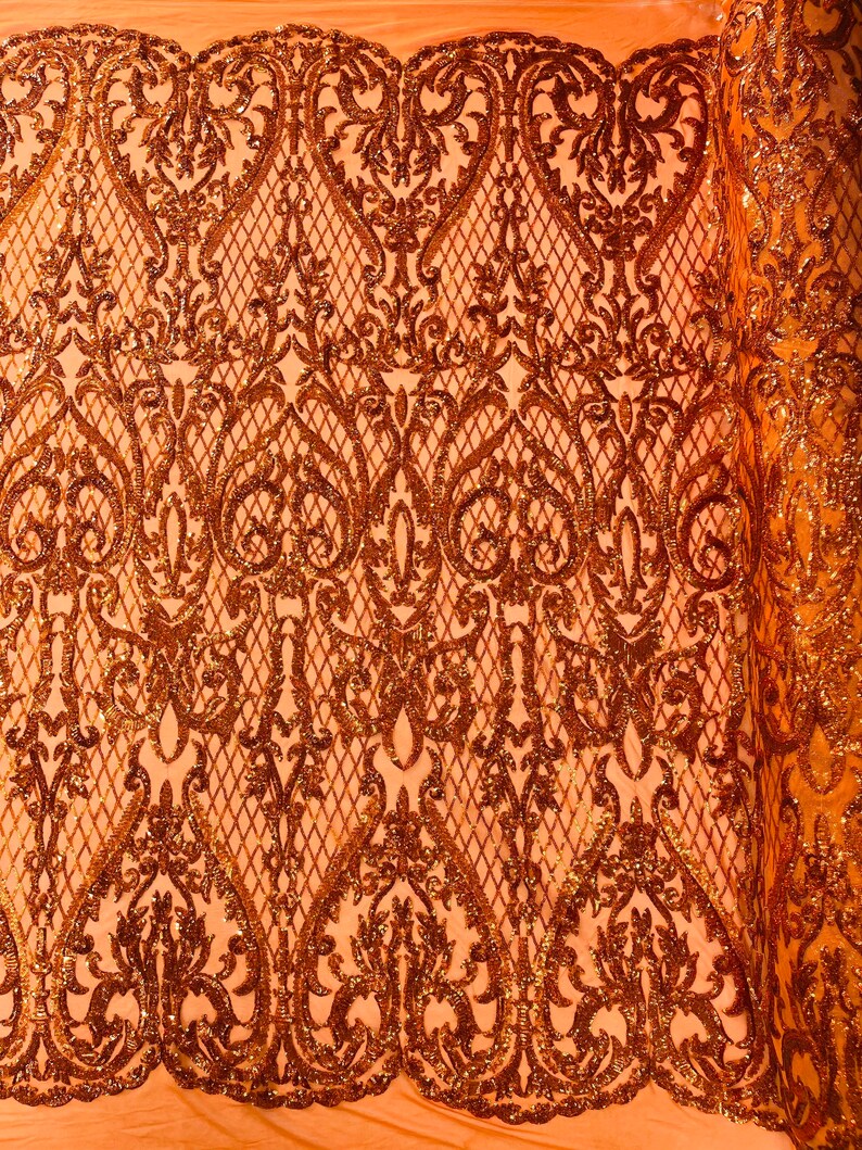 High Designs Fashion Design with Sequins Embroider on a 4 Way Stretch Mesh Fabric-Sold by The Yard. Burnt Orange