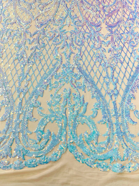 High Designs Fashion Design with Sequins Embroider on a 4 Way Stretch Mesh Fabric-Sold by The Yard. Aqua