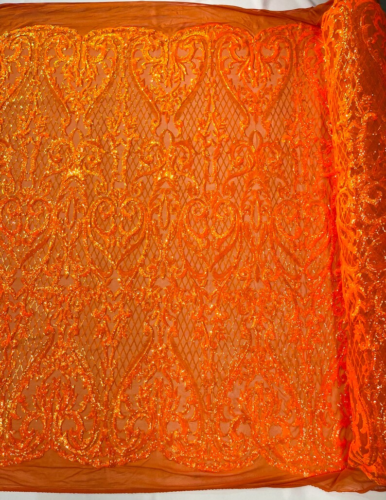 High Designs Fashion Design with Sequins Embroider on a 4 Way Stretch Mesh Fabric-Sold by The Yard. Orange