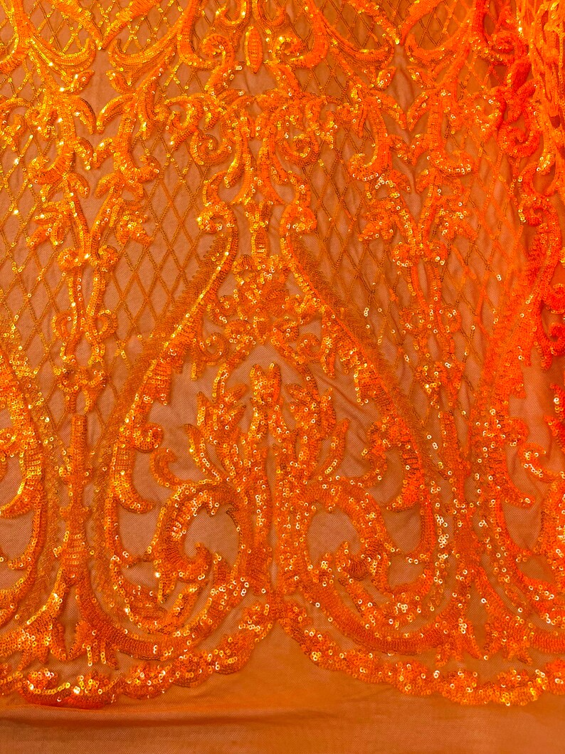 High Designs Fashion Design with Sequins Embroider on a 4 Way Stretch Mesh Fabric-Sold by The Yard. Orange