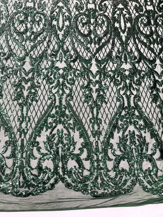 High Designs Fashion Design with Sequins Embroider on a 4 Way Stretch Mesh Fabric-Sold by The Yard. Hunter Green