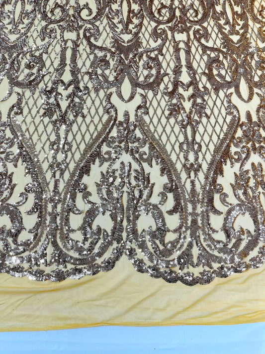 High Designs Fashion Design with Sequins Embroider on a 4 Way Stretch Mesh Fabric-Sold by The Yard. Gold