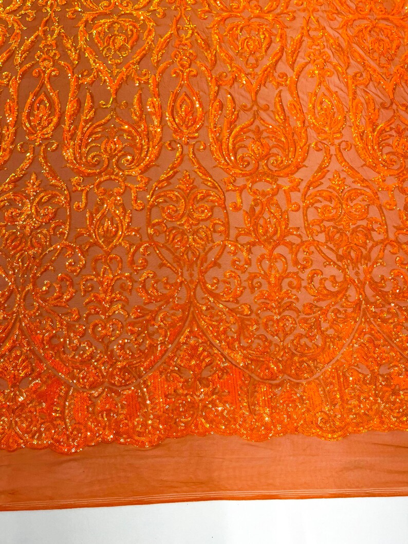 POSEIDON - Designs Fashion Design with Sequins Embroider on a 4 Way Stretch Mesh Fabric-Sold by The Yard. ORANGE