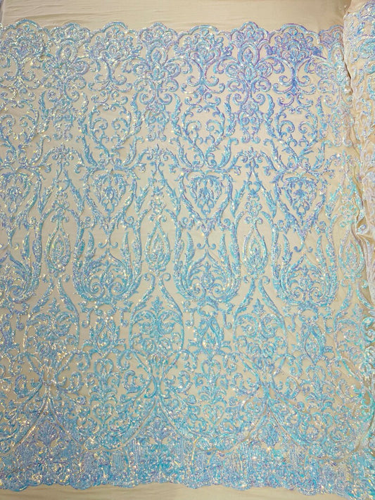 POSEIDON - Designs Fashion Design with Sequins Embroider on a 4 Way Stretch Mesh Fabric-Sold by The Yard. AQUA BLUE