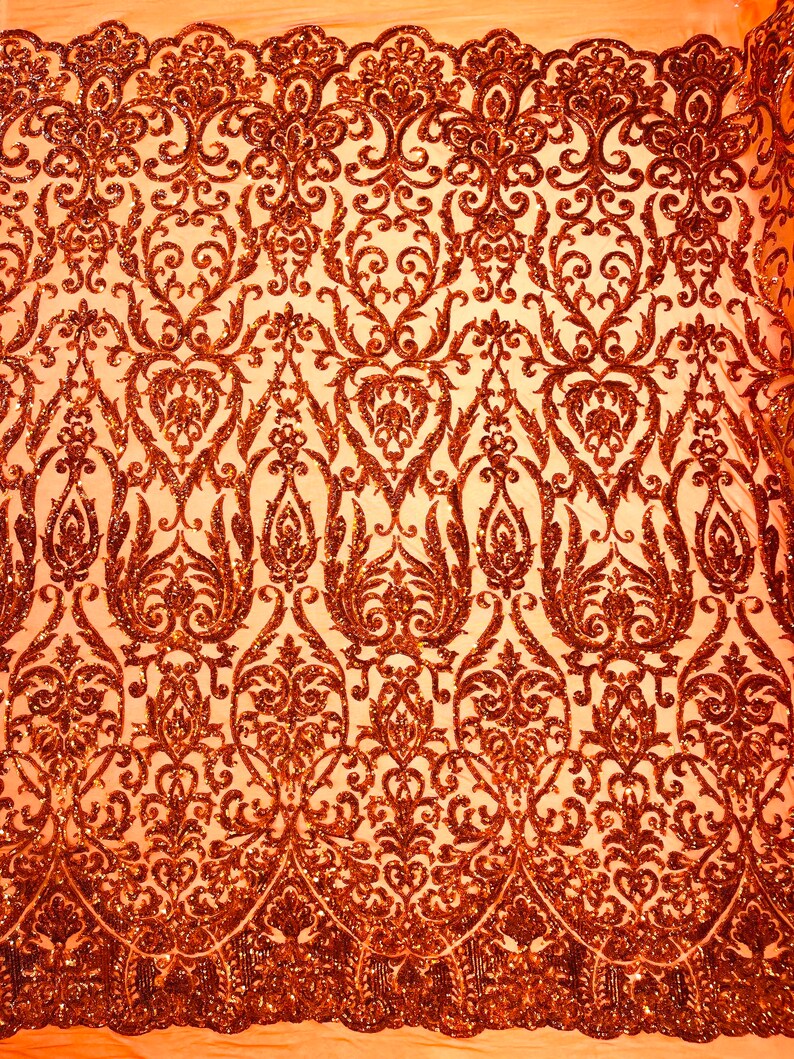 POSEIDON - Designs Fashion Design with Sequins Embroider on a 4 Way Stretch Mesh Fabric-Sold by The Yard. BURNT ORANGE