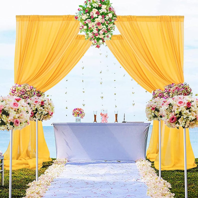 Backdrop Chiffon Curtains - GOLD - 2 Panel Chiffon Backdrop Curtain Sheer Curtains Wedding Arch Draping Fabric for Party