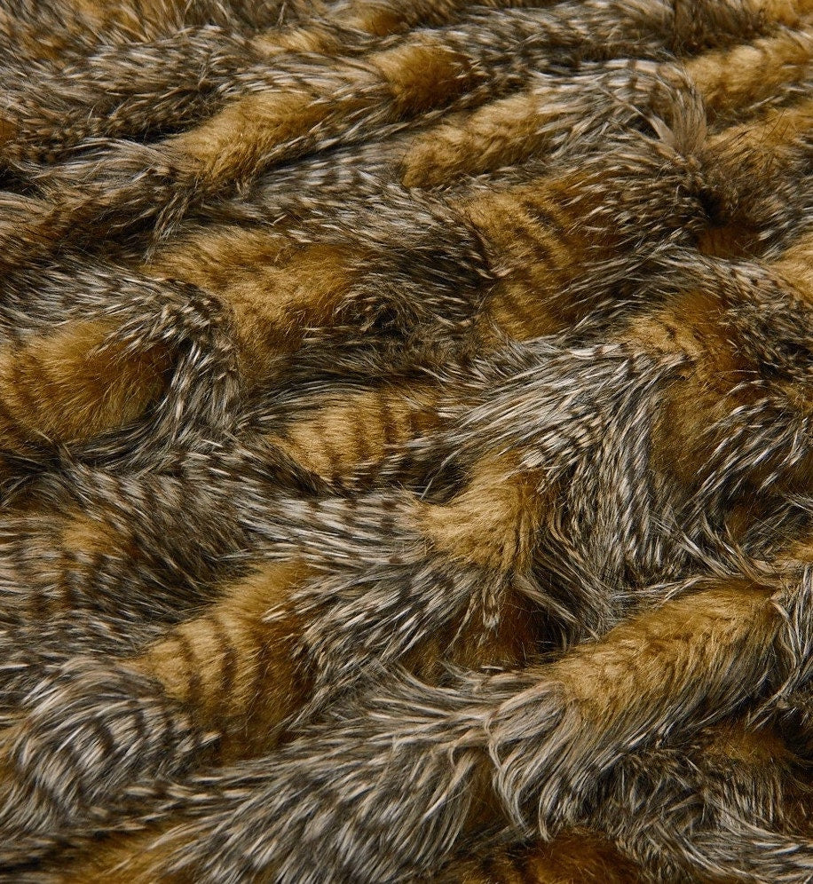 BROWN - GOLD - Faux Fake Fur Feathered Bird Long Pile Fabric - For Blankets Fashion Clothing Coats - Scarfs Rugs Crafts Decor