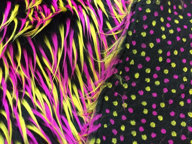 YELLOW - FUCHSIA - On Black 3 Tone Spiked Shaggy Long Pile Fabric / Sold by The Yard - For Blankets Fashion Clothing Coats