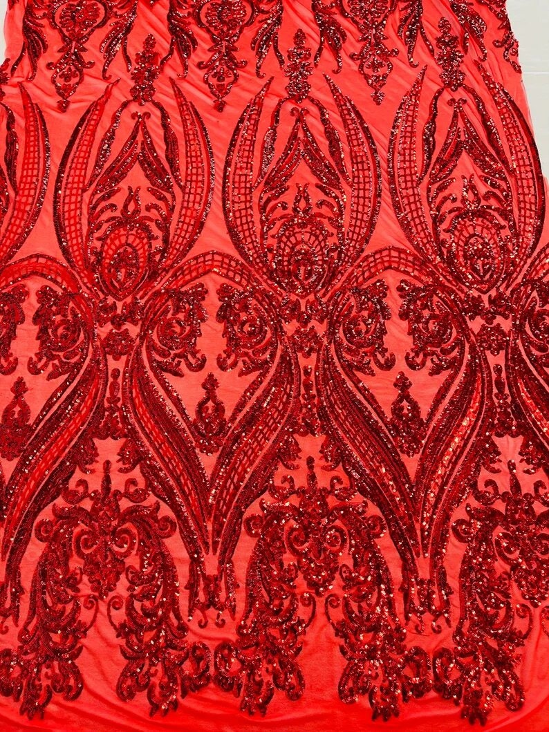 Luxury Fashion Design with Sequins Embroider on a 4 Way Stretch Mesh Fabric-Sold by The Yard. Red