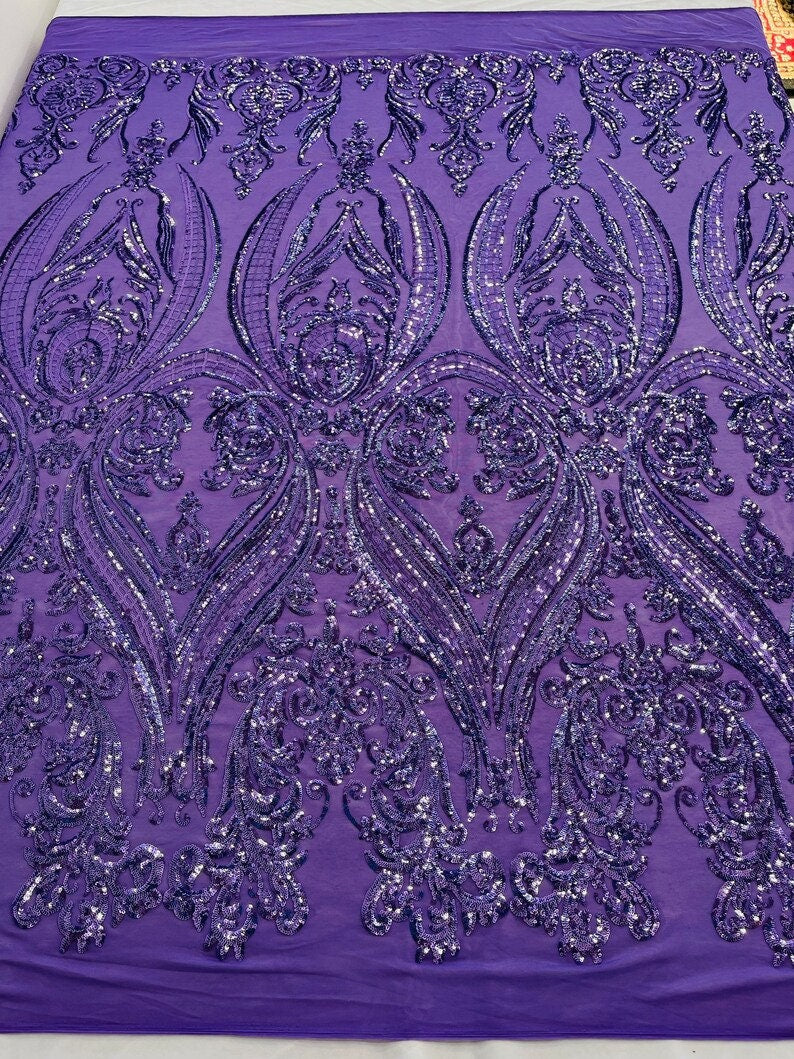 Luxury Fashion Design with Sequins Embroider on a 4 Way Stretch Mesh Fabric-Sold by The Yard. Lavender