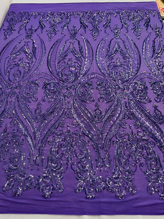 Luxury Fashion Design with Sequins Embroider on a 4 Way Stretch Mesh Fabric-Sold by The Yard. Lavender